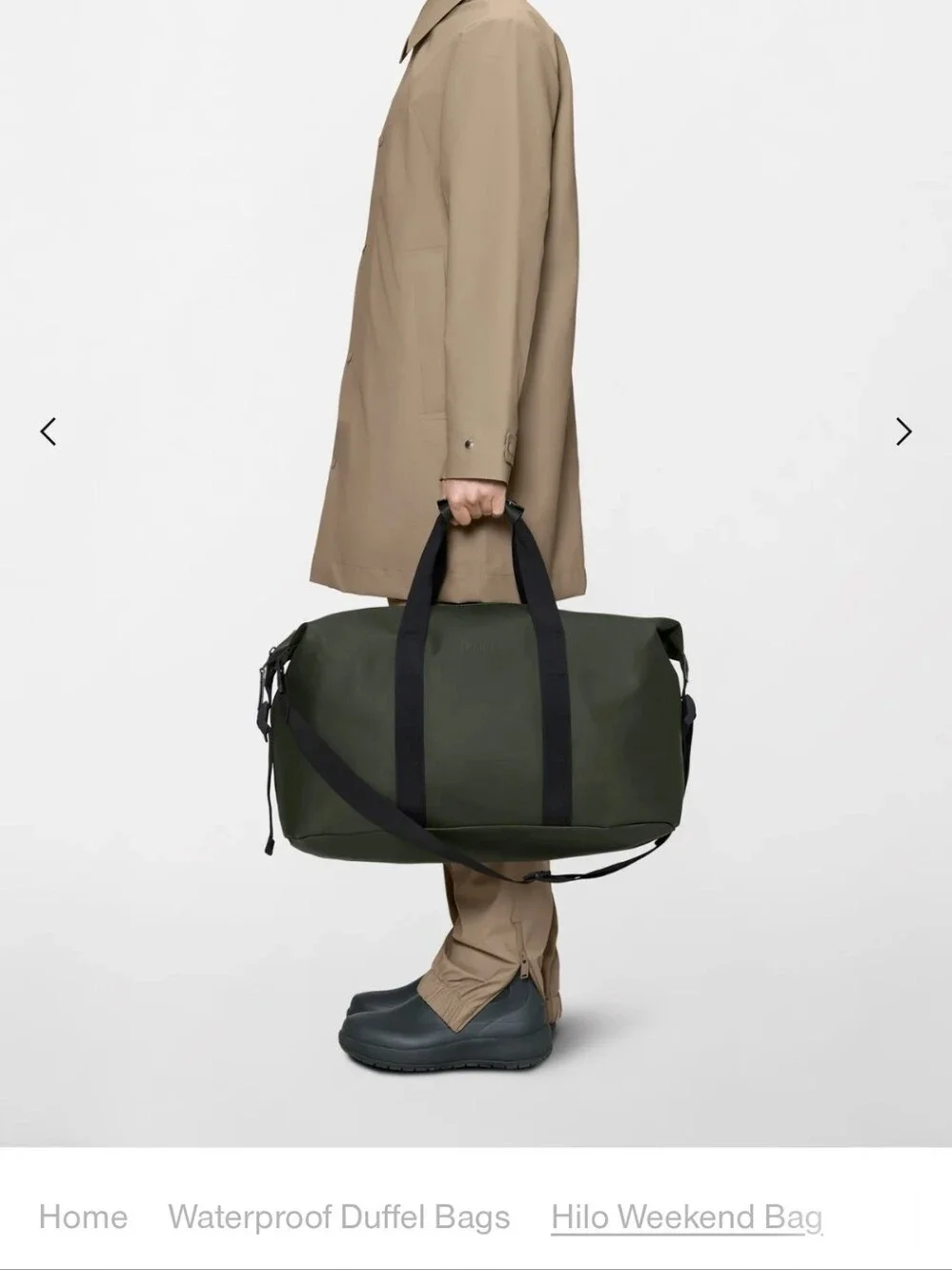 Rains Olive Green Waterfroof Duffel Bag with Black Straps